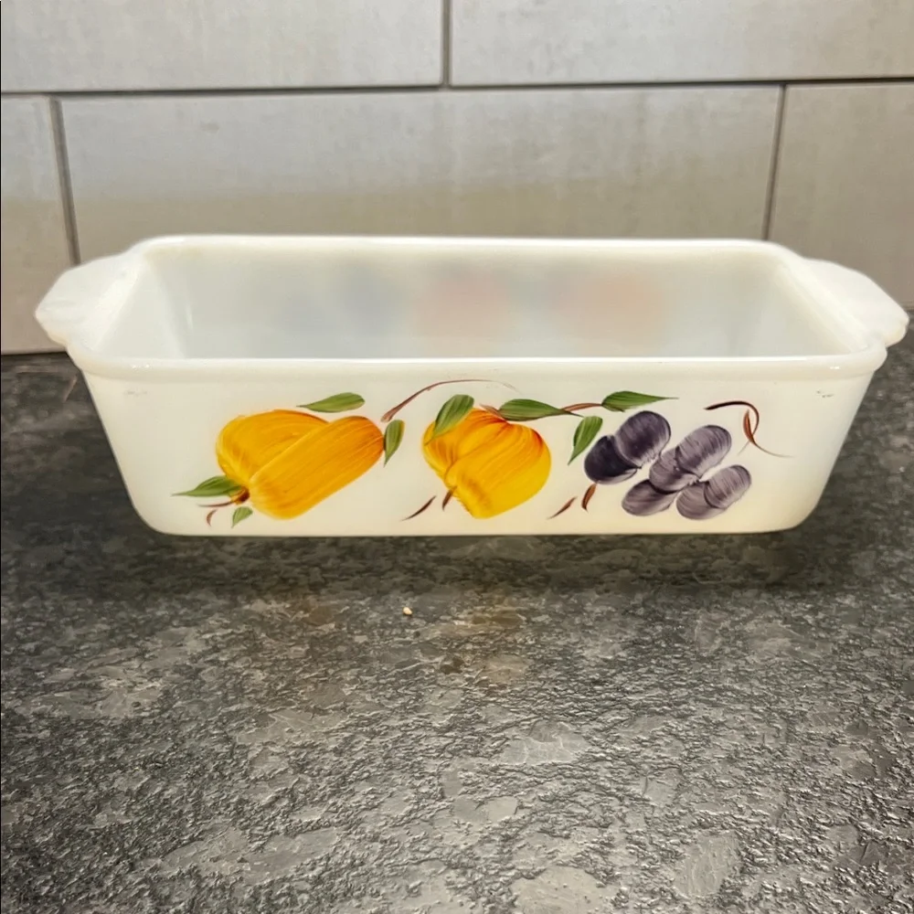 Fire King Decorative Fruit Design Loaf Pan. Vintage 1960’s. Exc condition